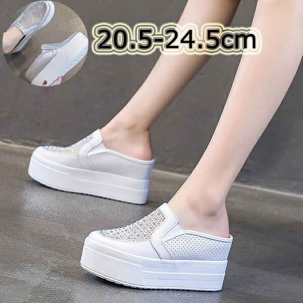 スニーカー ミュール レディース 厚底 通気性 透け感 メッシュ シースルー つっかけ フラット ヒール8cm かかとなし 小さいサイズ シルバー 白 ホワイト 普段履き サボサンダルサンダル 履きや
