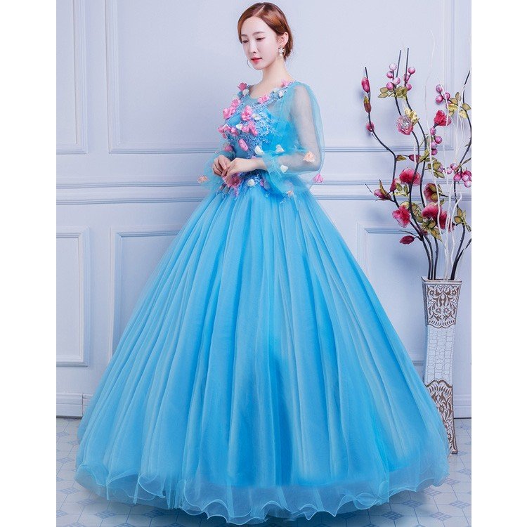 高級感 ロング丈 ウェディングドレス カラードレス パーティー 二次会 結婚式 花嫁ドレス 花嫁 ロングドレス 披露宴 上品 ブルー