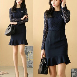 ワンピース 裾フリル＆袖レース マーメイド風 フェミニン 大人 シック 結婚式二次会 お呼ばれ 2018年新作 婚活パーティー フォーマルドレス 卒業式 入学式 謝恩会