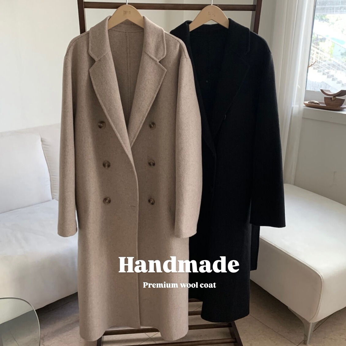 ウール100 高クオリティー ハンドメイド オーバーフィット ダブル ベルト ロング コート 冬 アウター