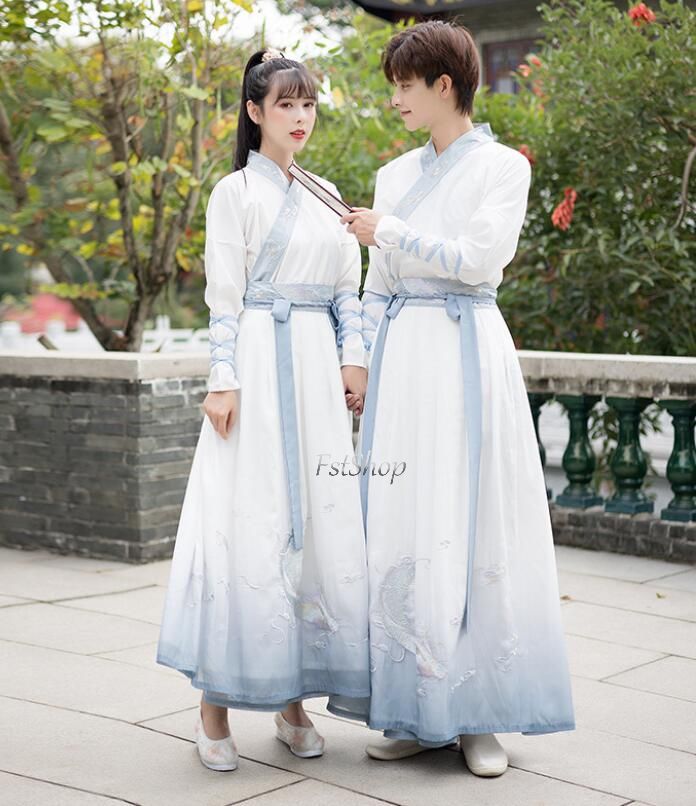 【2025新作入荷】男女通用 漢服コスプレ衣装カップルペア 舞台ステージダンス衣装 唐装2点セットアップ演出服メンズ男女兼用レディース古代 大人用 長袖ホワイト交差襟コスプレ衣装トップス袴スカート羽織