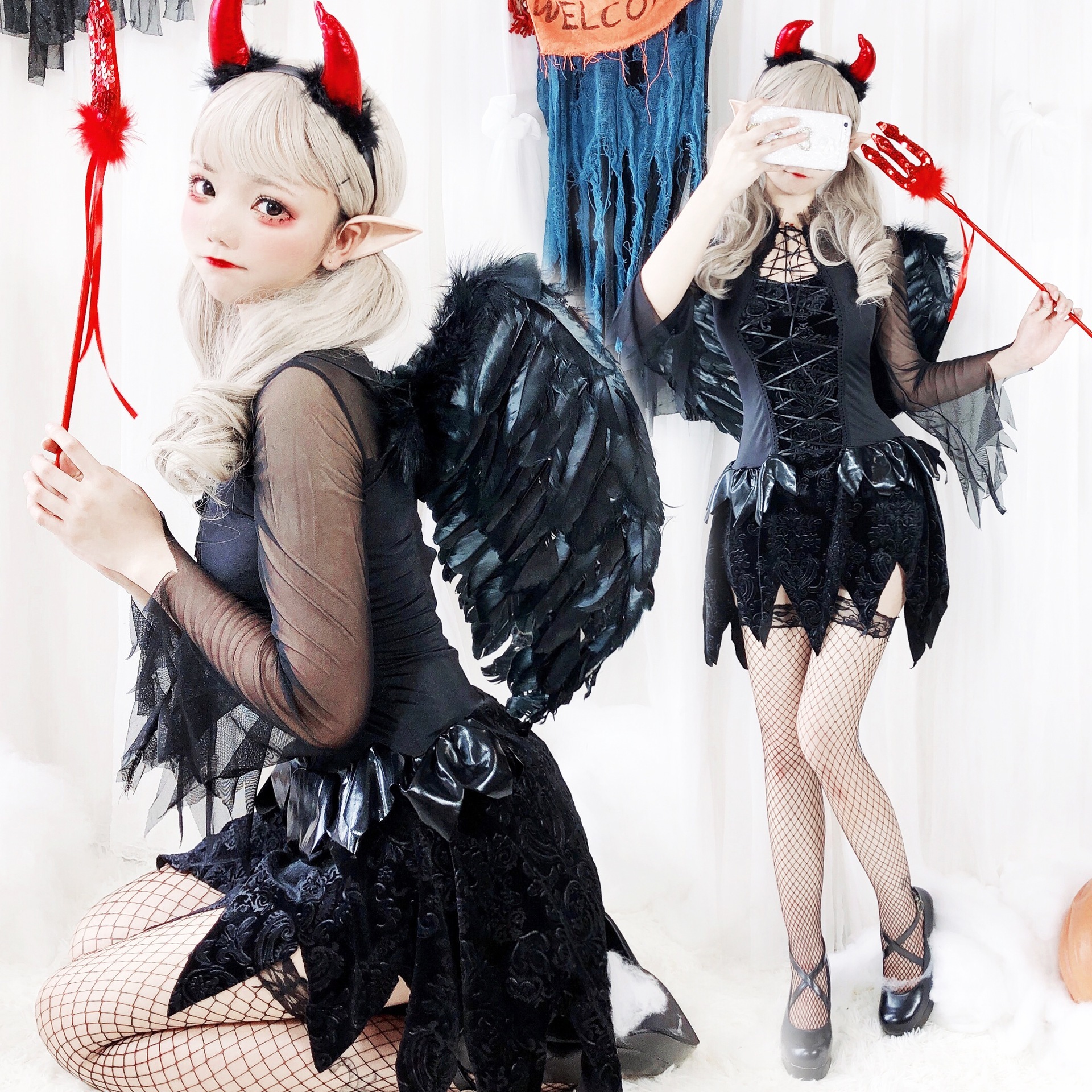 ハロウィンコスチューム 大人女性 天使 悪魔 黒 コスプレ 魔女 吸血鬼 花嫁 パフォーマンスコスチューム