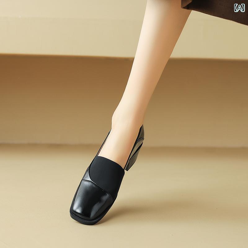 ローファー レディース オフィス 通勤 仕事 ステッチ 女性 春 レトロ スクエアトゥ 厚手 ヒール スリッポン 革靴