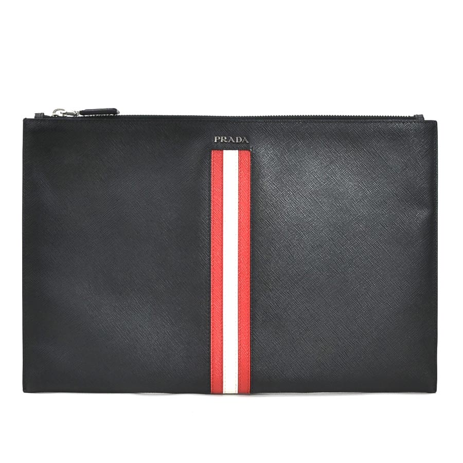 プラダ PRADA クラッチバッグ レザー ブラック×ホワイト×レッド メンズ 55868g
