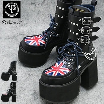 公式SHOP特典キズ補修液付 / 直営SHOP限定 ヨースケ 厚底ブーツ メンズ レースアップブーツ ユニオンジャック チェーン付き ミドルブーツ ハーフブーツ 12cm厚底ヒール