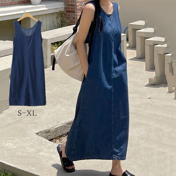 デニムワンピース ロングワンピース レディース 夏 ノースリーブ フレアワンピース Aライン マキシ丈ワンピース シンプル ゆったり 大きいサイズ 着痩せ お洒落 送料無料