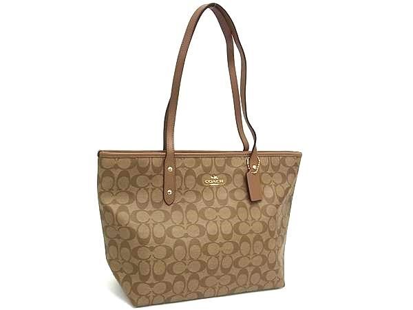 コーチ トートバッグ シグネチャー シティ ジップ トート PVC×レザー F58292 ショルダーバッグWAY ゴールド金具 ブラウン系 ハンドバッグ ショッピングバッグ【本物保証】