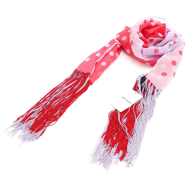 ストール ドット フリンジ付き レッド×ライトパープル レディース 中古