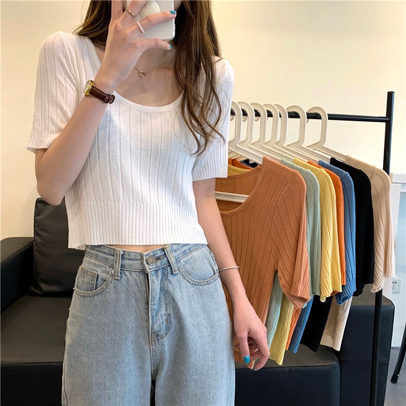 トップス カットソー プルオーバー ショート丈 袖あり 半袖 ラウンドネック 襟なし スリム リブニット 伸縮性 薄手 大人可愛い きれいめ シンプル カジュアル 大人 上品 お洒落 大人女子