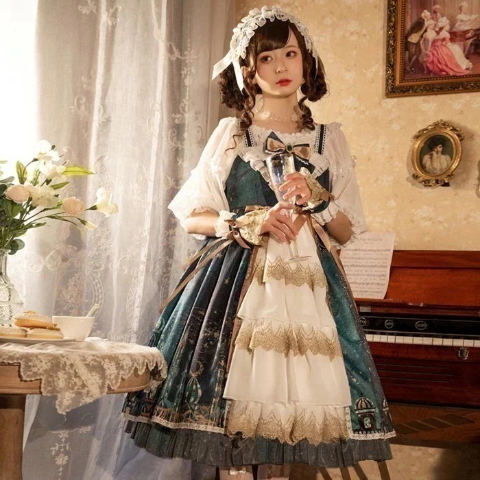 ワンピース ロリータ コスプレ 衣装 姫 ドレス 長袖 森ガール 萌え ゆめかわいい レトロ 中世紀 宮殿風 貴族風 リボン ボリューム 水色 緑 パーティー 学園祭 イベント
