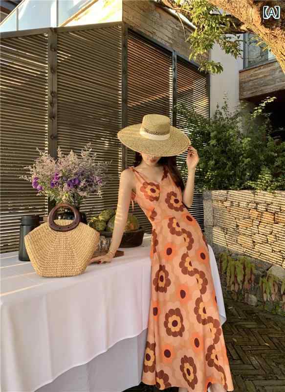 ワンピース レトロ オレンジ Vネック サスペンダー ドレス レディース 夏 休日 ロング 海辺 ビーチ ボヘミアン ノースリーブ トロピカル Aライン