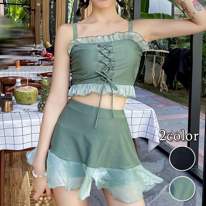 ビキニ水着 レディース フリル 可愛い 水着 韓国 2点セット体型カバー 小胸 バンドゥセクシー 胸パッド付き セパレート スイムウェア 温泉 20代 30代 40代 バレンタイン 2023 プレゼン