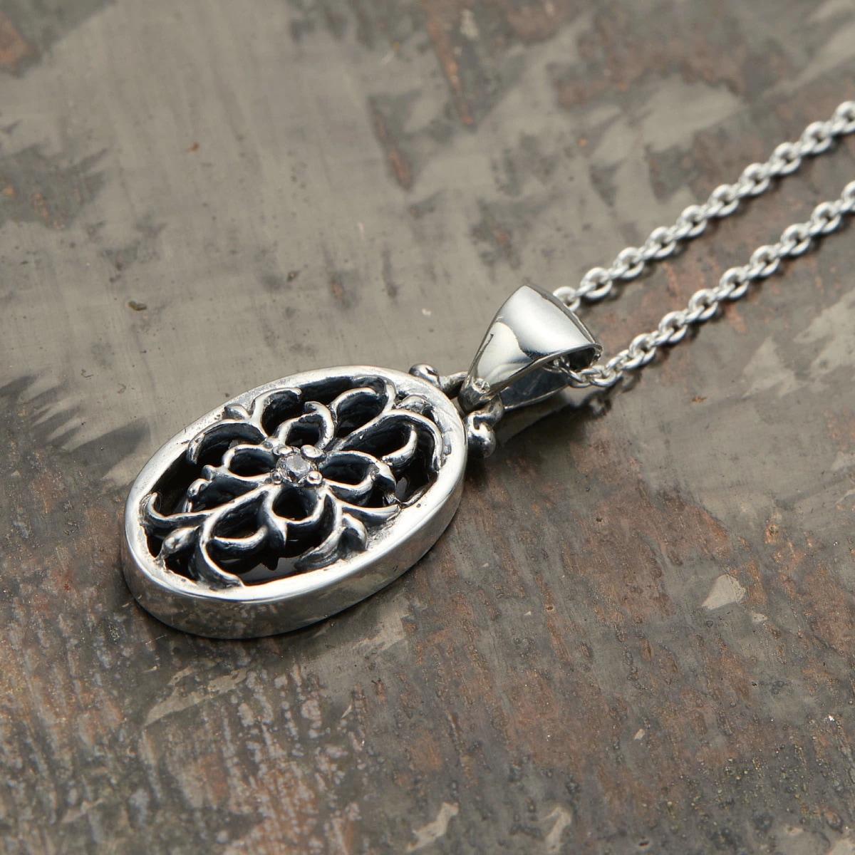 ネックレス メンズ レディース シルバー925 オニキス 楕円 オーバル型 アラベスク 透かし