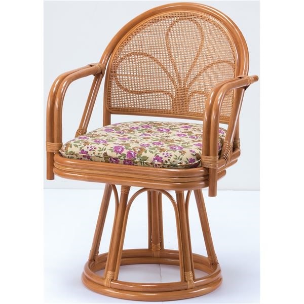 天然籐 座椅子/回転チェア [ハイタイプ] 肘付き ボリュームクッション