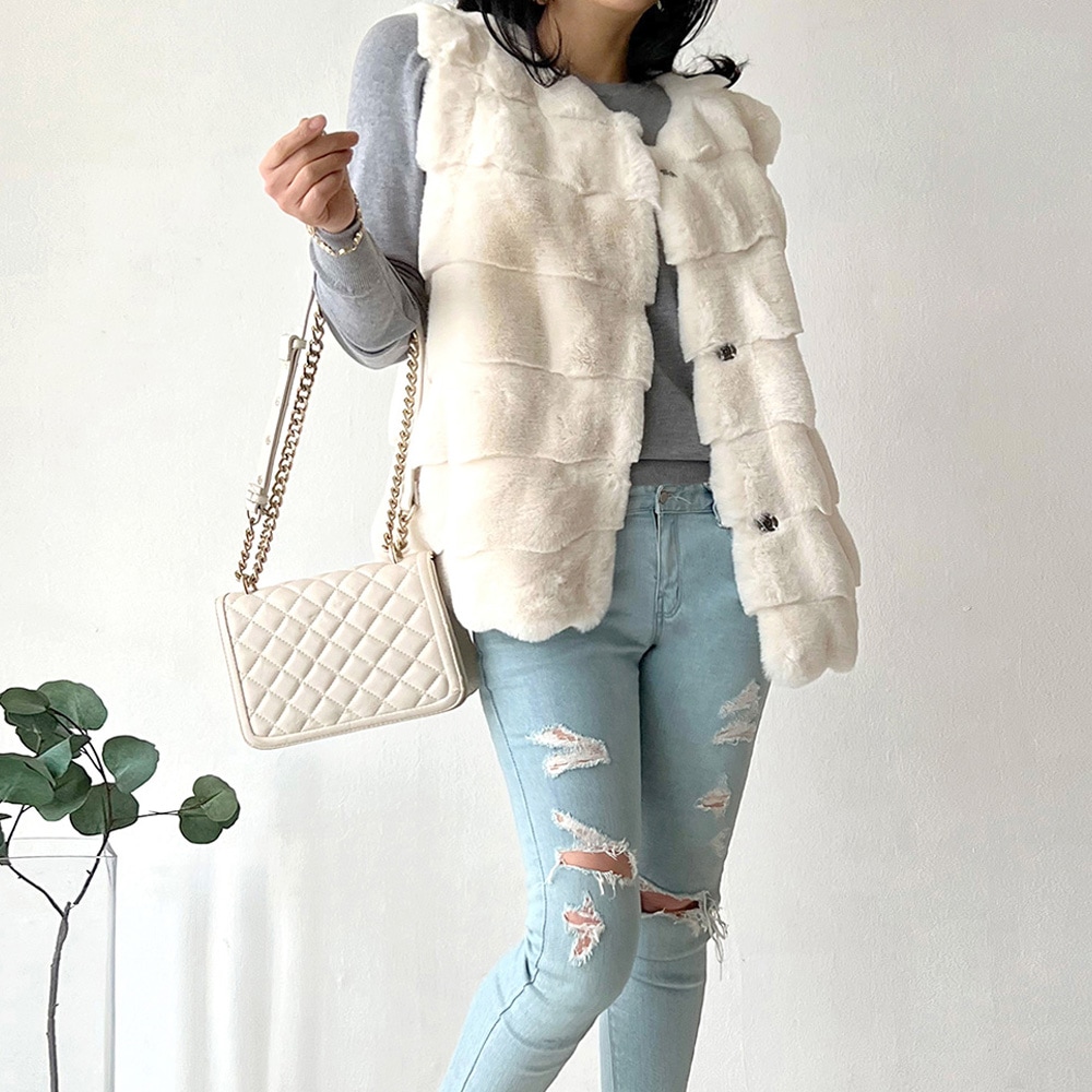 [JK_1201_6] ミンクエコファー ウサギの毛(人造) ラビットファー ウェーブカット 削ったミンク(人造) ファー ベスト