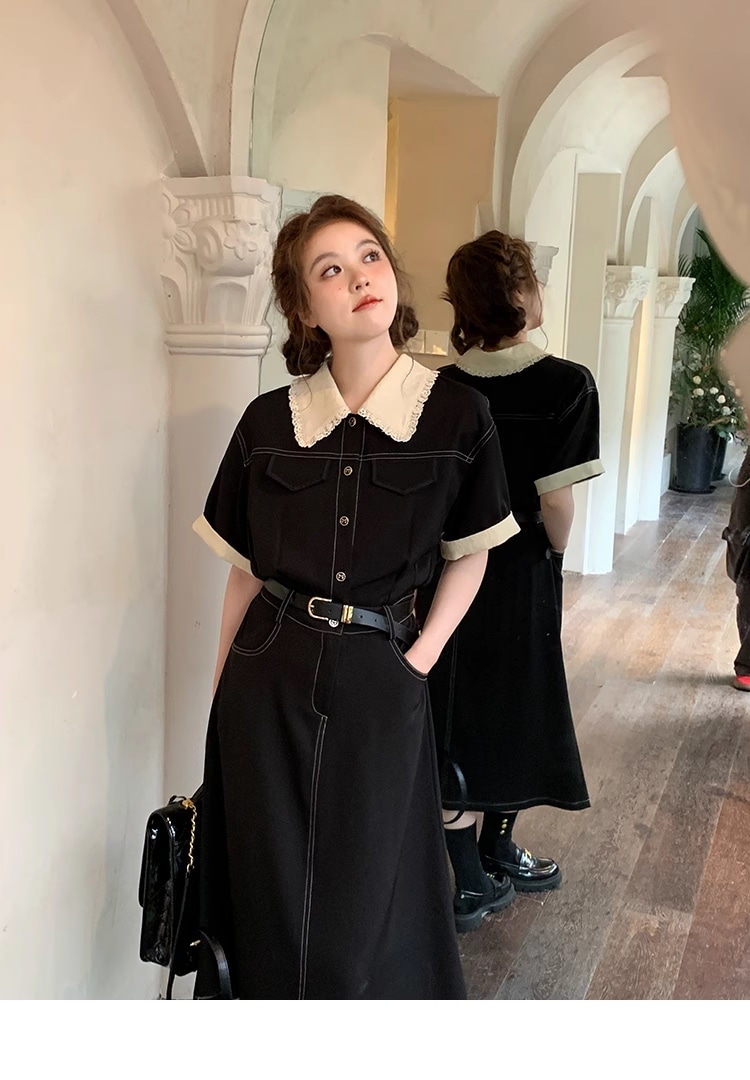 夏 甘い スタイル 黒 ロック エッジ ポロ襟 大きいサイズ ハイウエスト T シャツ スカート ワンピース 膝下 袖あり 半袖 襟付き きれいめ シンプル 大人 上品 おしゃれ お洒落 クール