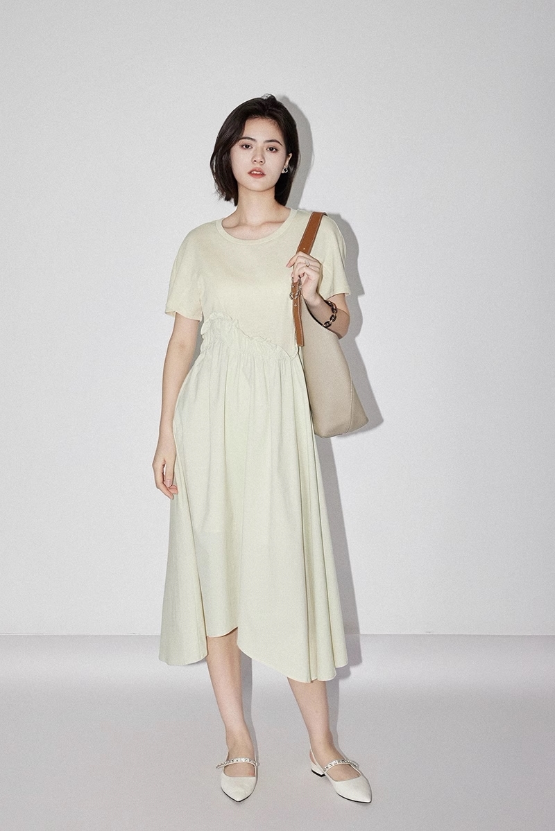 エレガント ドレス アシンメトリー ステッチ デザイン カジュアル スリム Aライン ドレス ワンピース 膝下 袖あり 半袖 ラウンドネック 襟なし 大人可愛い シンプル カジュアル 大人 上品