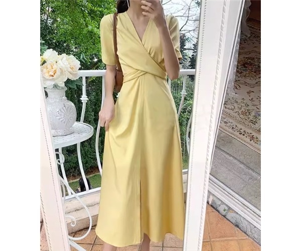 レディース ワンピース ドレス ロング 半袖 Vネック フレア スリム 細身 Aライン バックリボン ファスナー ハイウエスト かわいい 大人可愛い きれいめ シンプル カジュアル 上品 おしゃれ