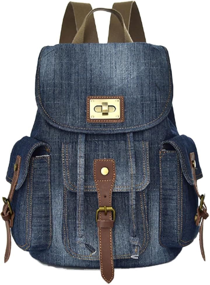 デニムリュック ポケット多数 リュックサック バックパック backpack カジュアル レディース デニム素材( インディゴブルー, M)