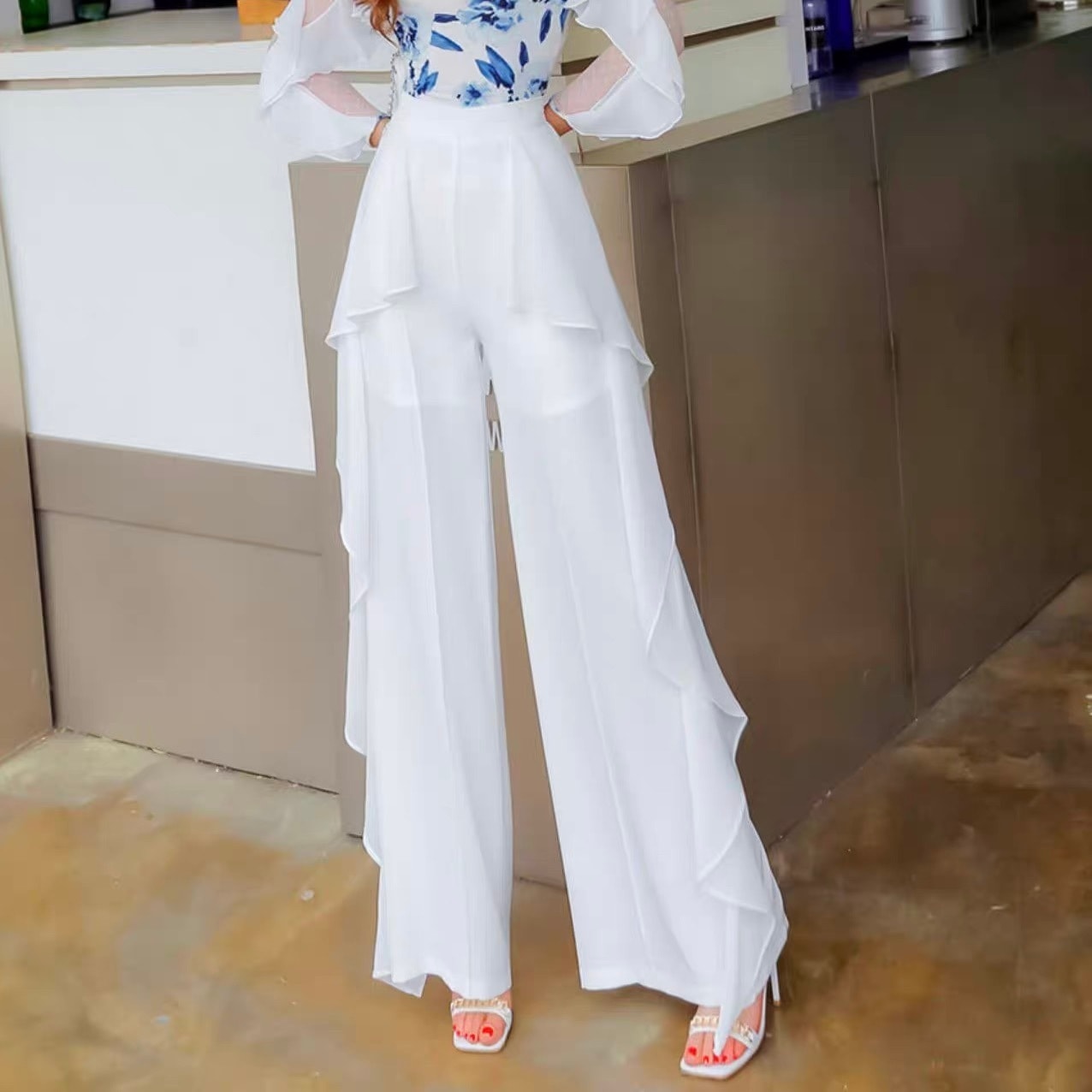 レディース パンツ ボトムス 丈長 フルレングス フェミニン シフォン フリル ハイウエスト 薄手 かわいい 大人可愛い きれいめ おしゃれ かっこいい 個性的 クール モード系 エレガント モダン