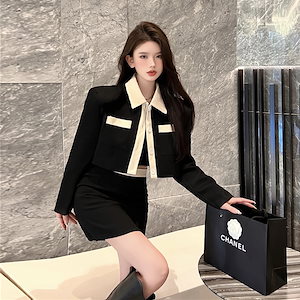 韓国デザイン高級感　上品おしゃれブラックスーツコート着+セクシータイトスカート