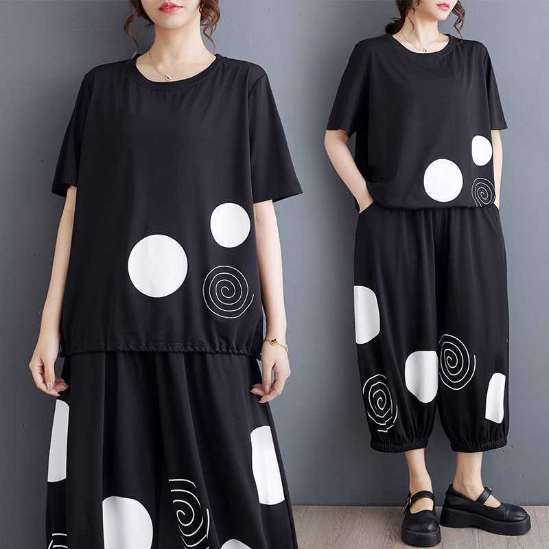 Hot!!!「ファットガール」 2024/春夏/大きいサイズ/レディース/プリント/半袖/Tシャツ/ハーレクインパンツ/ツーピースセット