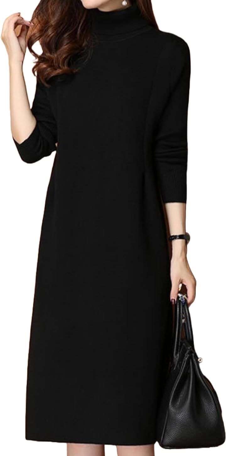 ニットワンピース 長袖 チュニック ミディアム丈 ハイネック レディース タイト 膝丈 3A-A21-BKL( ブラック, L)