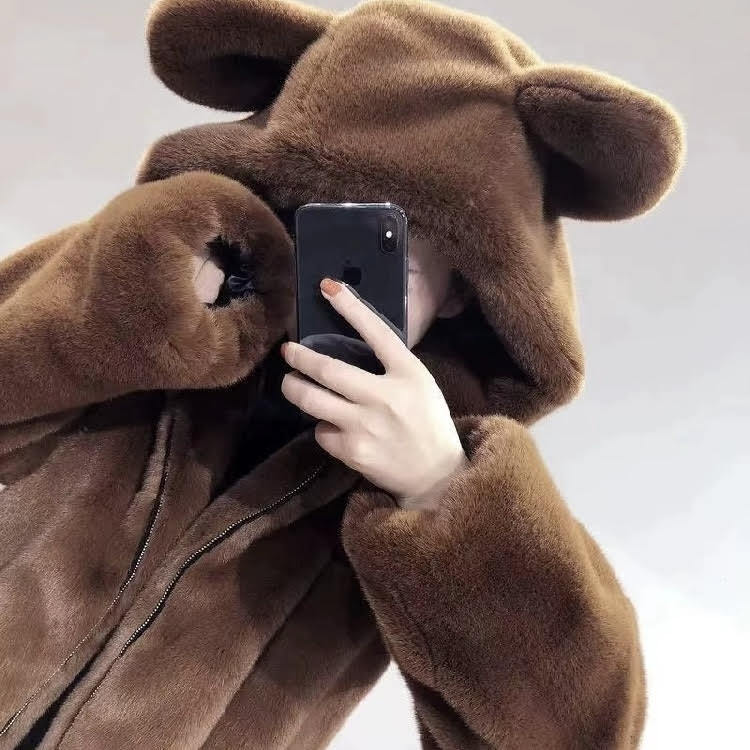 耳付きフードベルベットジャケット フード付きベルベットジャケット ベルベットジャケット もこもこジャケット 茶 ブラウン 白 ホワイト 黒 ブラック 韓国 オルチャン レディース ジャケット