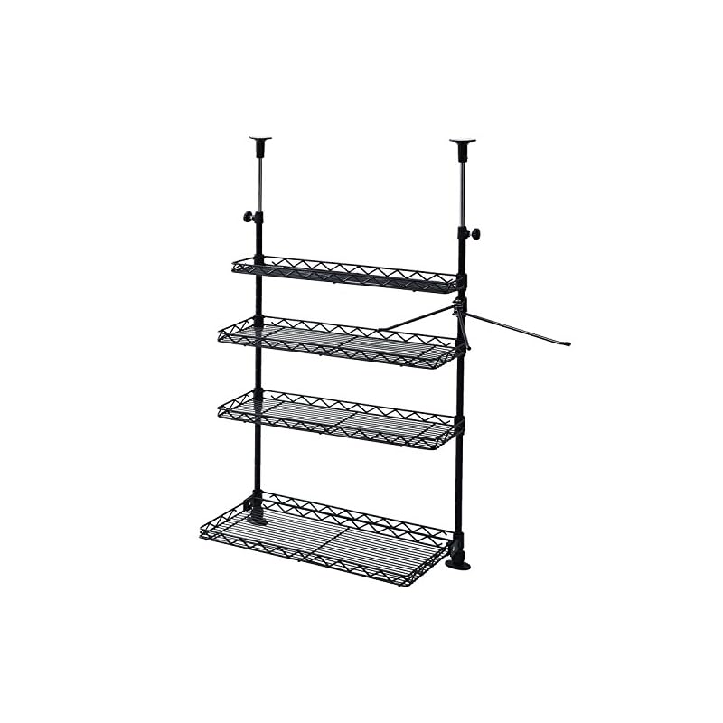 【即納】山善 突っ張りキッチンラック 幅45奥行21.5高さ72-115cm 4段 タオルハンガー こぼれ止め 下段はね上げ式 棚板高さ調節可能 組立品 ブラック TKRO-454*(BK)