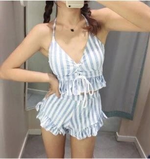 水着 タンキニ 大きいサイズ XL セクシー 3点 セット パッド付き ストライプ リボン フリル レースアップ セパレート インナー スイム ウェア 夏 可愛い 体型カバー 旅行 海 リゾート