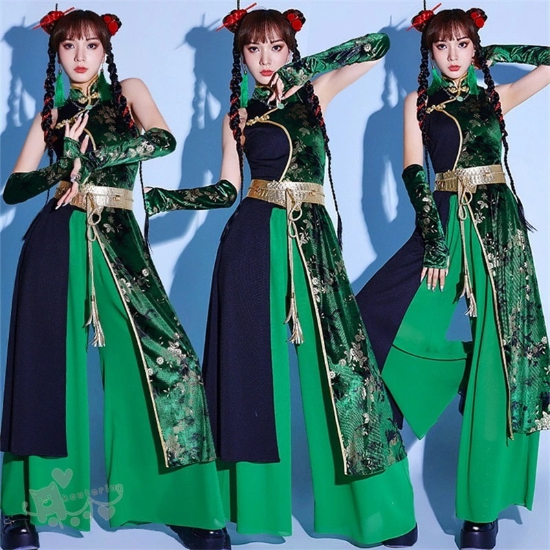出血大サービス ダンス衣装緑 中華風 チャイナドレス ダンス衣装 セットアップ レディース k-pop 衣装 大人 ワンピース スカート ジャズダンス 演出服 ダンスセット 韓国 アイドル 衣装 DJ