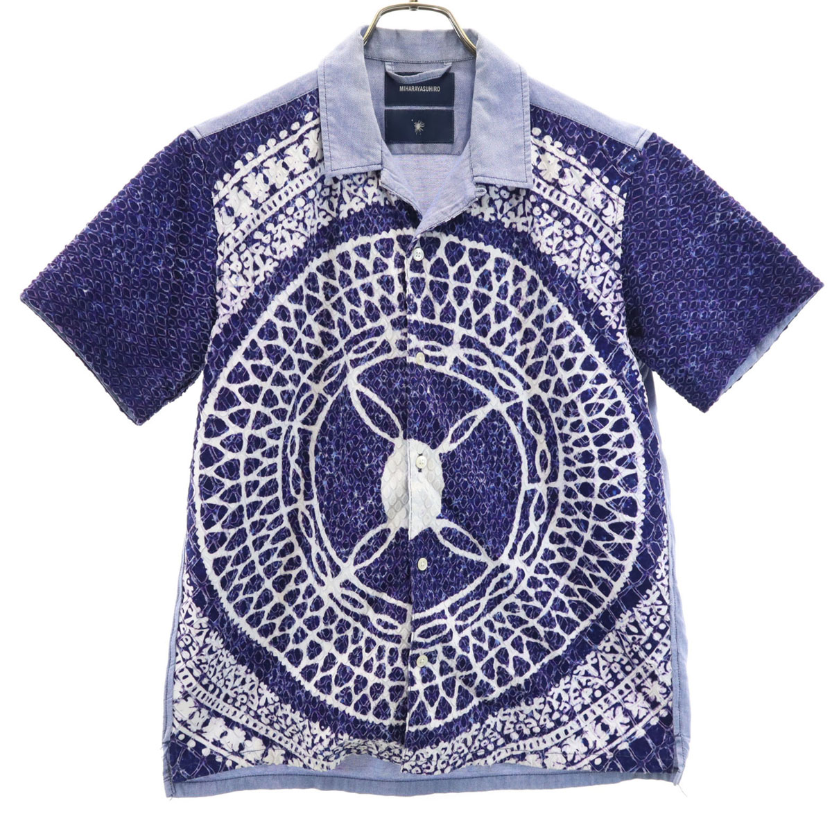 日本製 半袖 柄切替 オープンカラーシャツ 46 パープル メンズ 古着