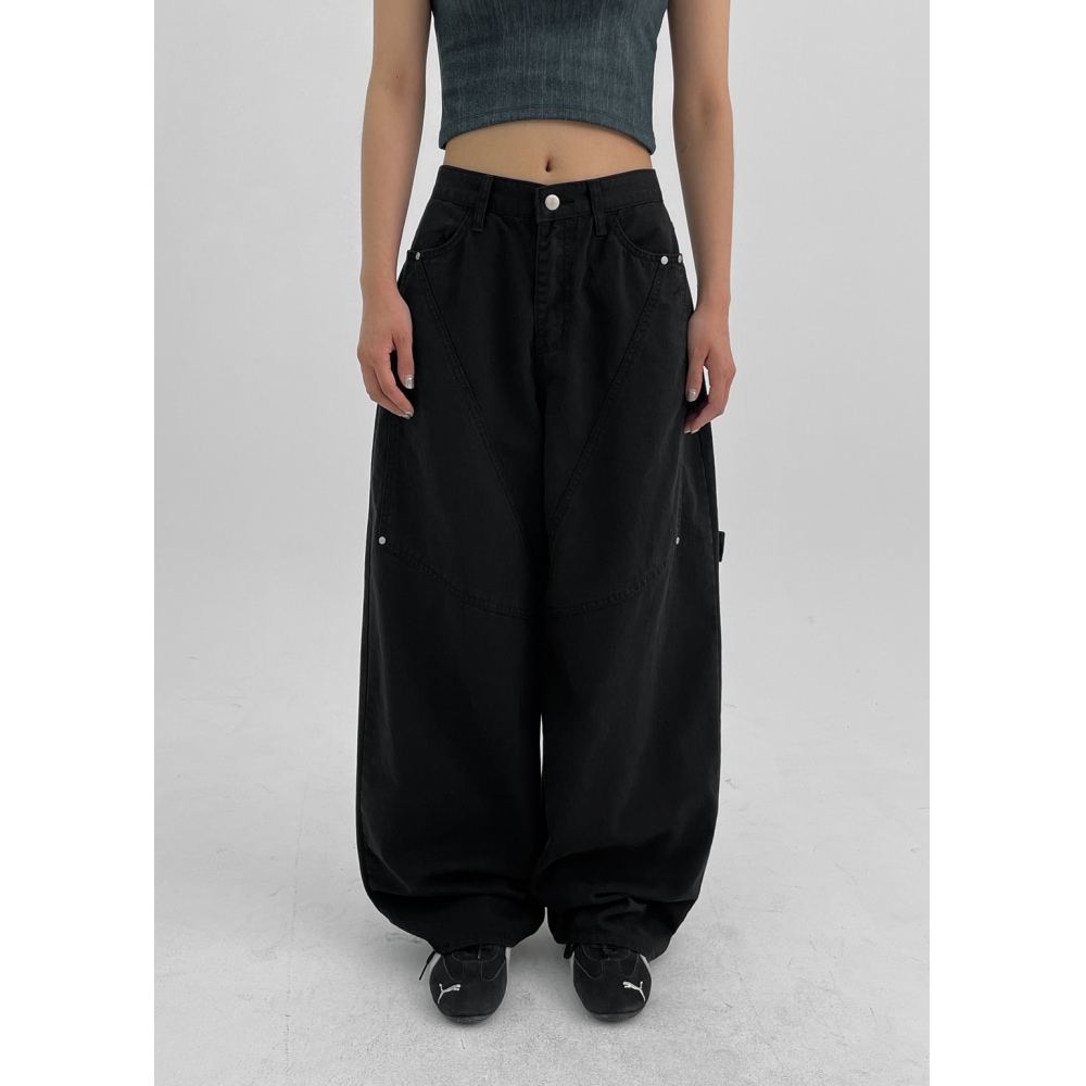 ブラックアップオカイカーペンダーワイドコットンパンツ*