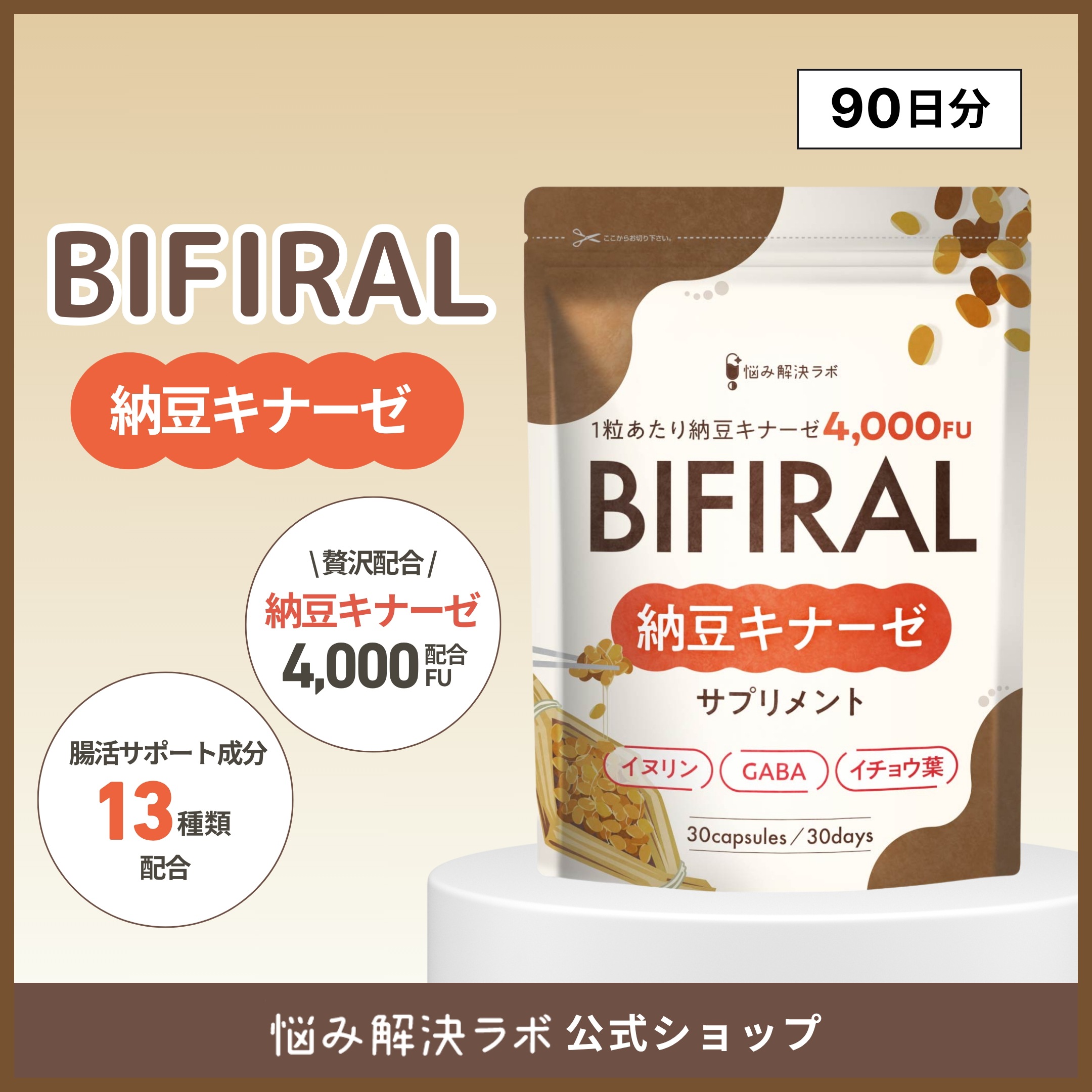 【高濃度ナットウキナーゼ × 菌活】ビフィラル 高濃度 ナットウキナーゼ 4,000FU サプリ 13種菌活 & サラサラ サポート成分 贅沢配合 90日分 納豆菌 GABA DHA イチョウ葉 イワ
