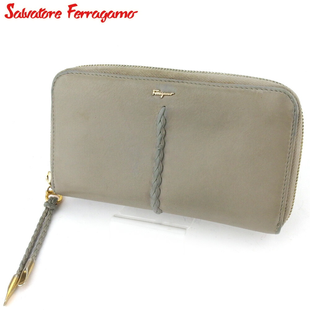 長財布 ラウンドファスナー 財布 レザーブレード レディース グレー 灰色 ゴールド 中古