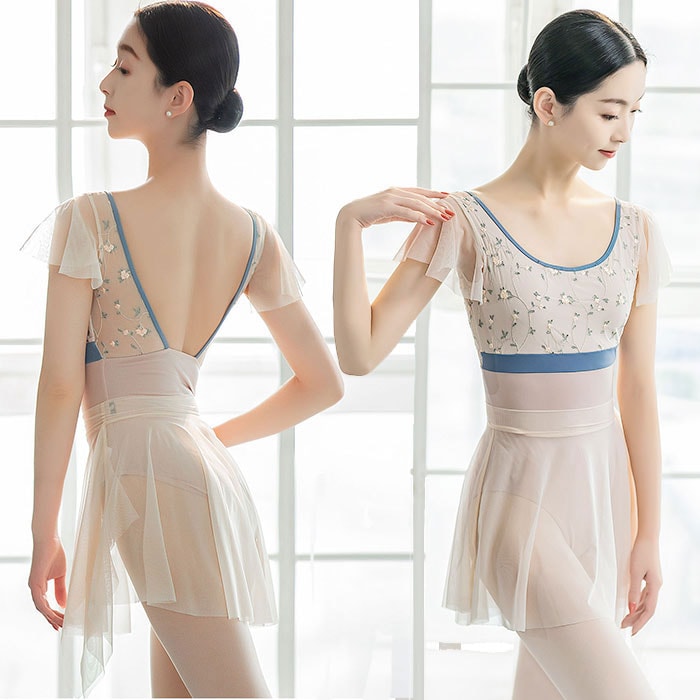 限定セールバレエ レオタード 大人 フレアスリーブ エレガント 大人用 バレエレオタード 花柄 刺しゅう おしゃれ 大人のレオタード 胸パッドポケット付き 大人バレエ バレエ用品 大人 バレエレオター