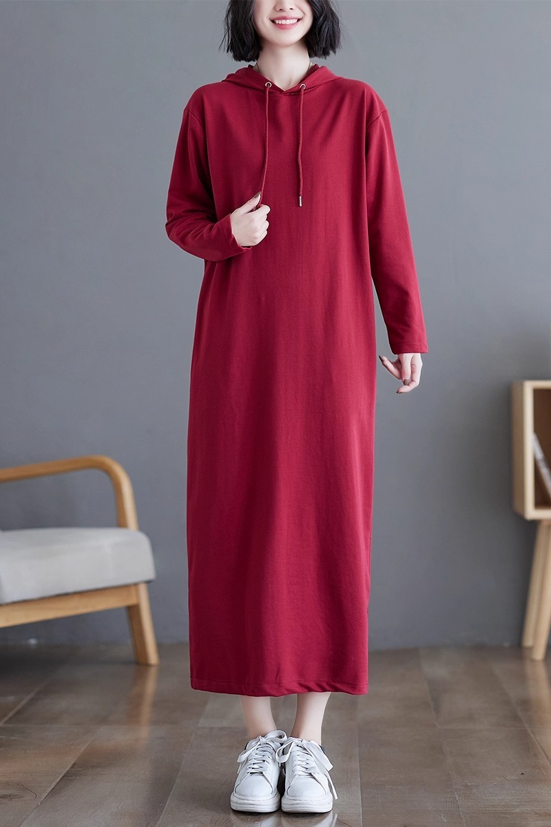 レディース ワンピース セーター トレーナー ドレス ドレス ニットワンピ 膝下 ロング 長袖 Vネック フード ストレート ポケット 中厚手 大人可愛い シンプル カジュアル ラフ スポーティー
