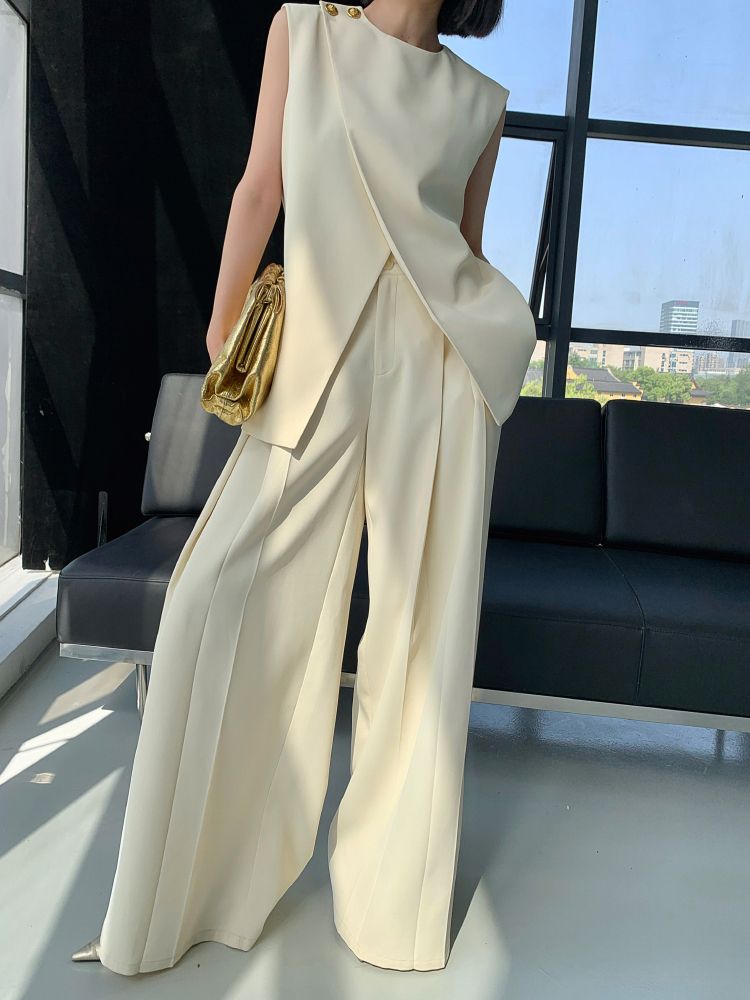 韓国ファション二点セットイレギュラーノースリーブベストトップスハイウエストワイドパンツスーツ