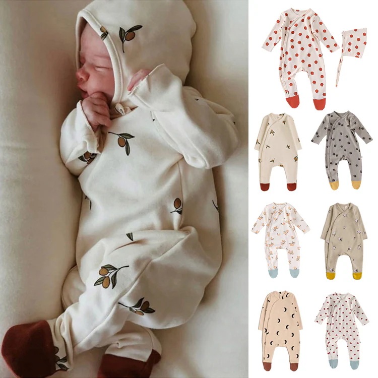 ベビー服 新生児服，春の新型男女赤ちゃん綿製足包みパジャマ，ベビー長袖ルームウェア 新生児ロンパース，ベビー帽子を贈る ロンパース