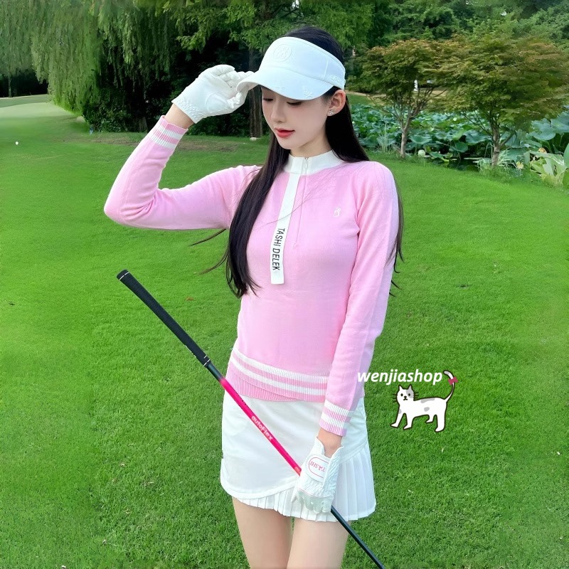 ゴルフウェア 2025 春秋 上下セット 長袖 ニットシャツ プリーツスカ ミニスカート レディース 韓国風 ゴルフスカート スポーツウェア テニスウェア ピンク 白 紫