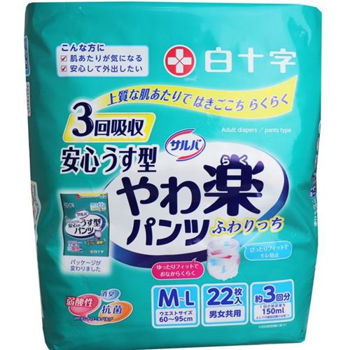 サルバ 大人用紙パンツ やわ楽パンツ 安心薄型 M-Lサイズ 男女共用 22枚3セット