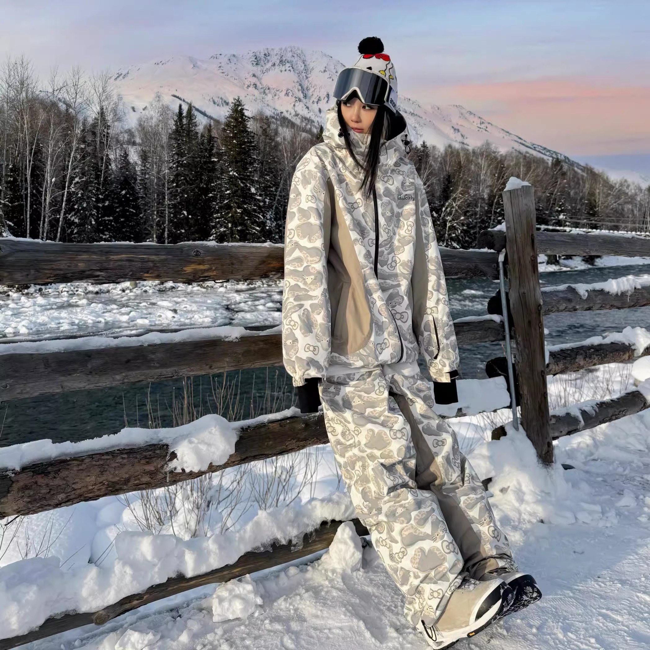 スノボウェア 2025 2026 耐水圧15000mm 上下セット ジャケット パンツ 猫柄 ヒョウ柄 おしゃれ 韓国風 メンズ レディース スノーボードウェア スノーウェア スキーウェア カーキ