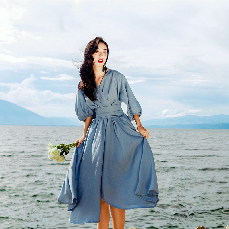 水色ワンピース 爽やか フレアスカート ドレス 春 秋 上品 おしゃれ 七分袖 エレガント ゆったり