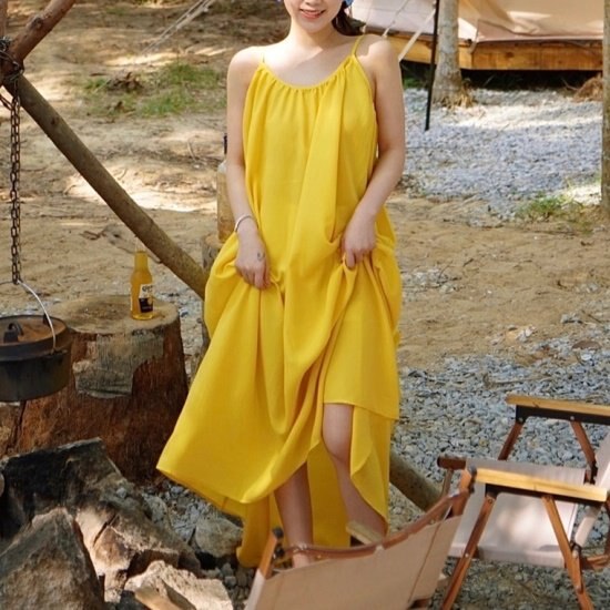 【取寄：納期2週間】ワンピース ボリューミー キャミワンピース レディース 韓国 ファッション リゾートワンピース バクシャン 背中見せ サマードレス カバーアップ ワンピース ボリューミー