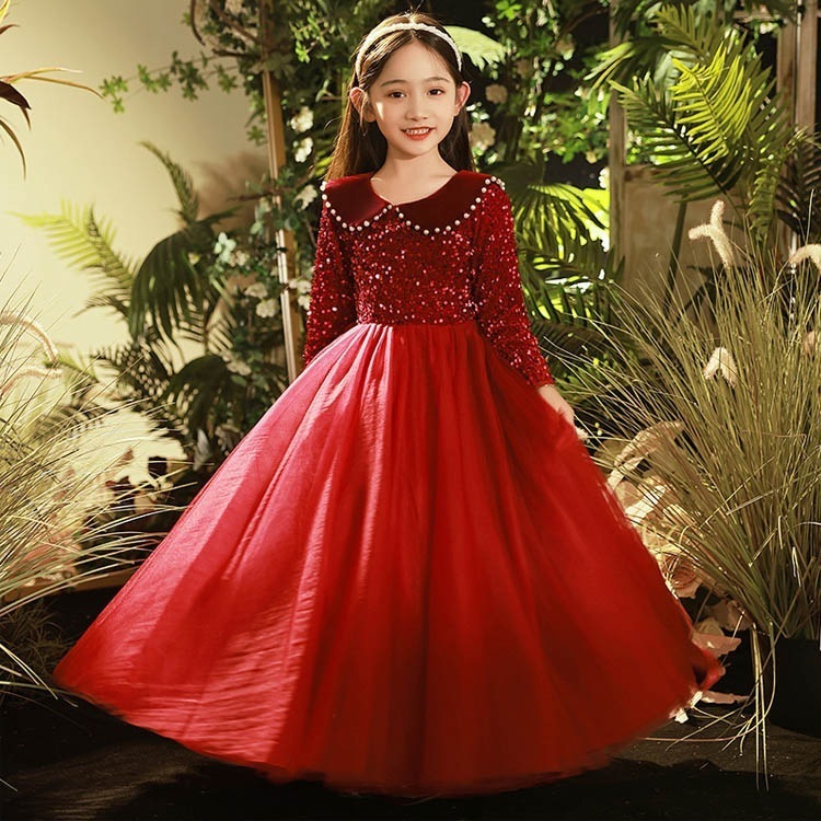 子供ドレス ロングドレス ピアノ発表会 ワイン赤 黒 折り襟 パール オシャレ 可愛い 女児ドレス ブラック グラデーション 女の子ドレス 演奏会ドレス スパンコール チュール バックリボン キッズド