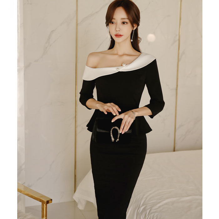 送料無料即納パールピンブローチ付　エレガント　斜めオフショル　清楚　バイカラー　ひざ丈　ワンピース　ドレス