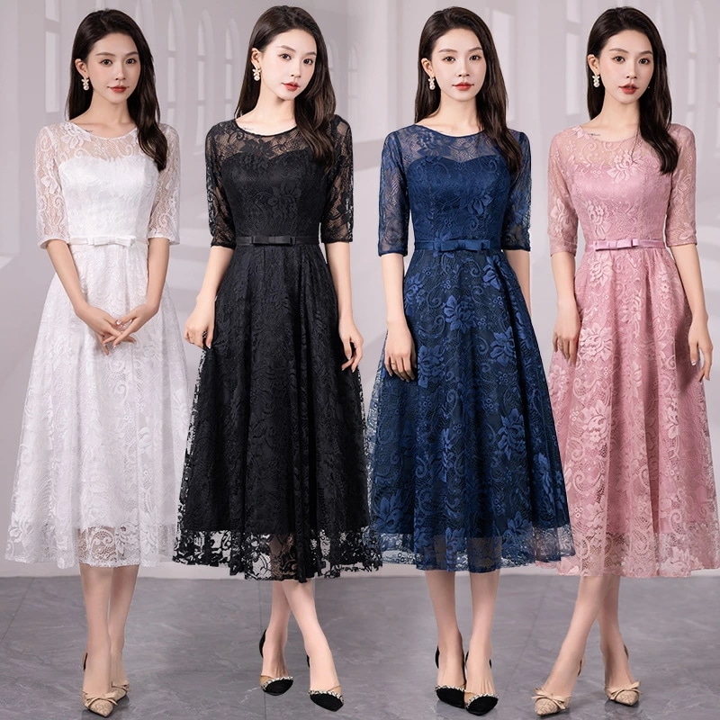 レース フォーマルドレス ミディ丈 中袖 ウエストシェイプ エレガント パーティードレス 結婚式 披露宴 セレモニー 大人女性 体型カバー 上品 高級感 Aライン 春 夏 秋 冬