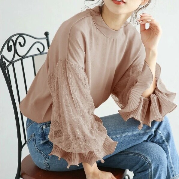 ４色 トップス シャツ ブラウス レディース 春夏 かわいい ゆったり 長袖 七分袖 ボリューム袖 フリル袖 ラウンドネック 襟なし ノーカラー フレア セミフレア レース シフォン 白 ホワイト 黒