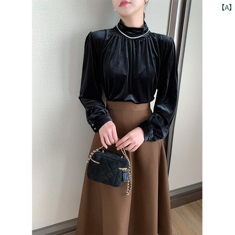 レディース シャツ 長袖 黒 起毛素材 ハイネック スタイリッシュ ビロード エレガント カジュアル 上品 ギャザリング シック おしゃれ ネック飾 5,629円