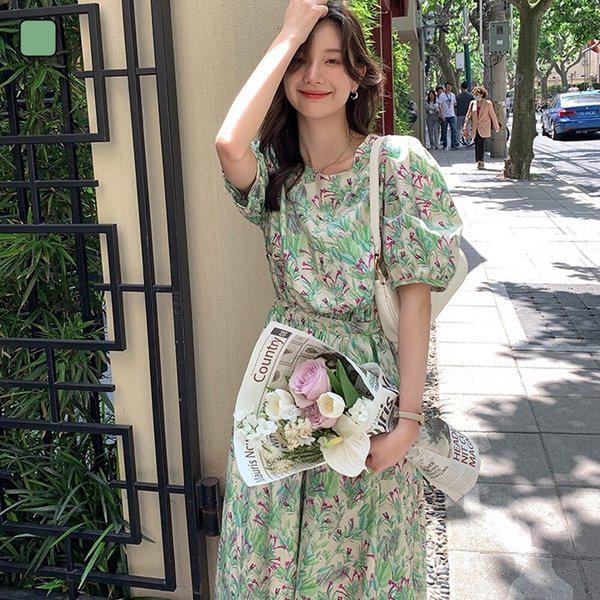 女性フラワープリントパフスリーブウエストシャーリングロングワンピース JSW-OPH-SP0000CVB